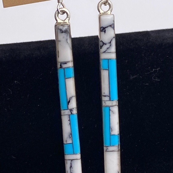 Sterling Silver Earrings Turquoise Inlaid 2” Length Fish Hook Back New - Picture 8 of 8
